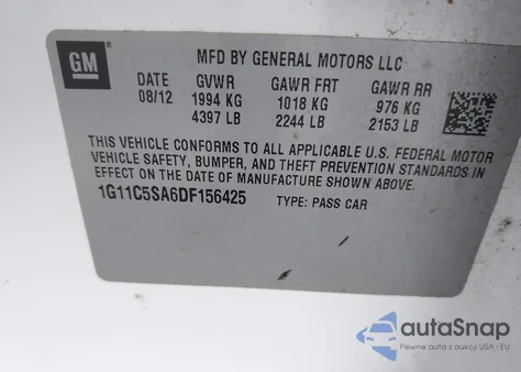 2013 Chevrolet Malibu 1Lt из США, поврежденный, VIN 1G11C5SA6DF156425